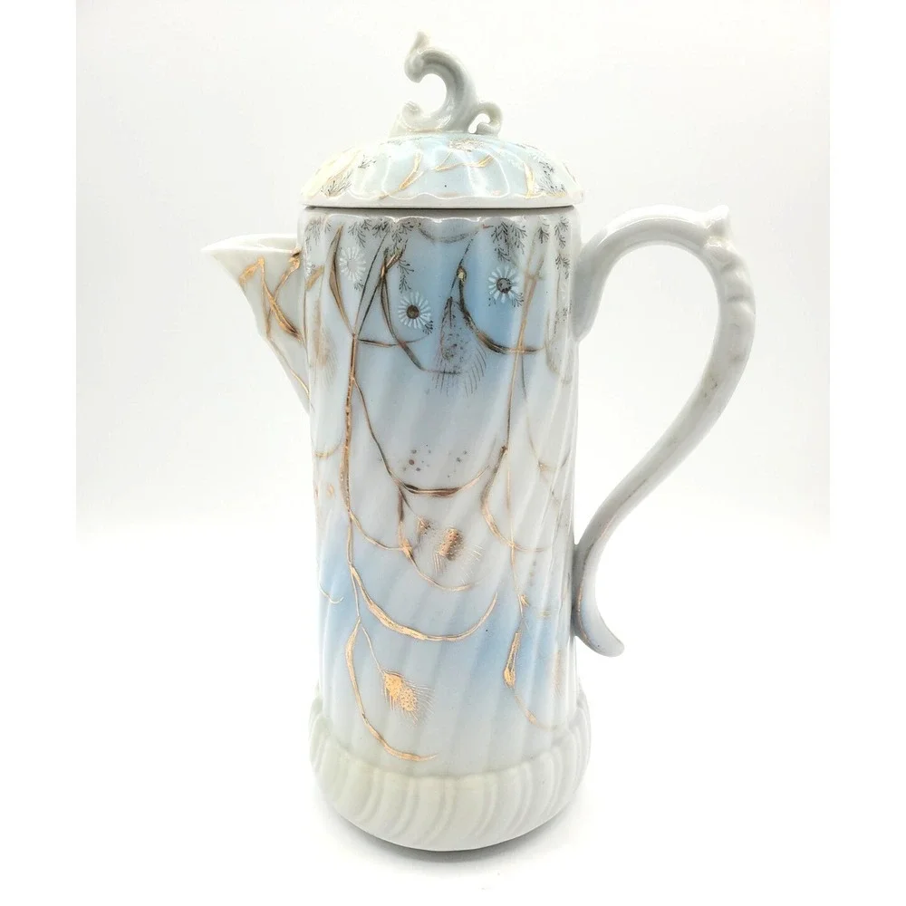 Vintage Bavarian Pale Blue & Gold Porcelain Chocolate Pot 10